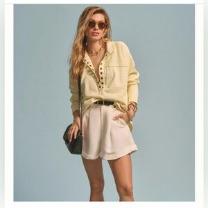 Anthropologie Pilcro Spliced Henley Sweatshirt yellow and white stripe pattern M